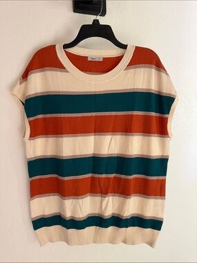 NWOT. Sleeveless Striped Knit Top in Cream, Rust & Teal